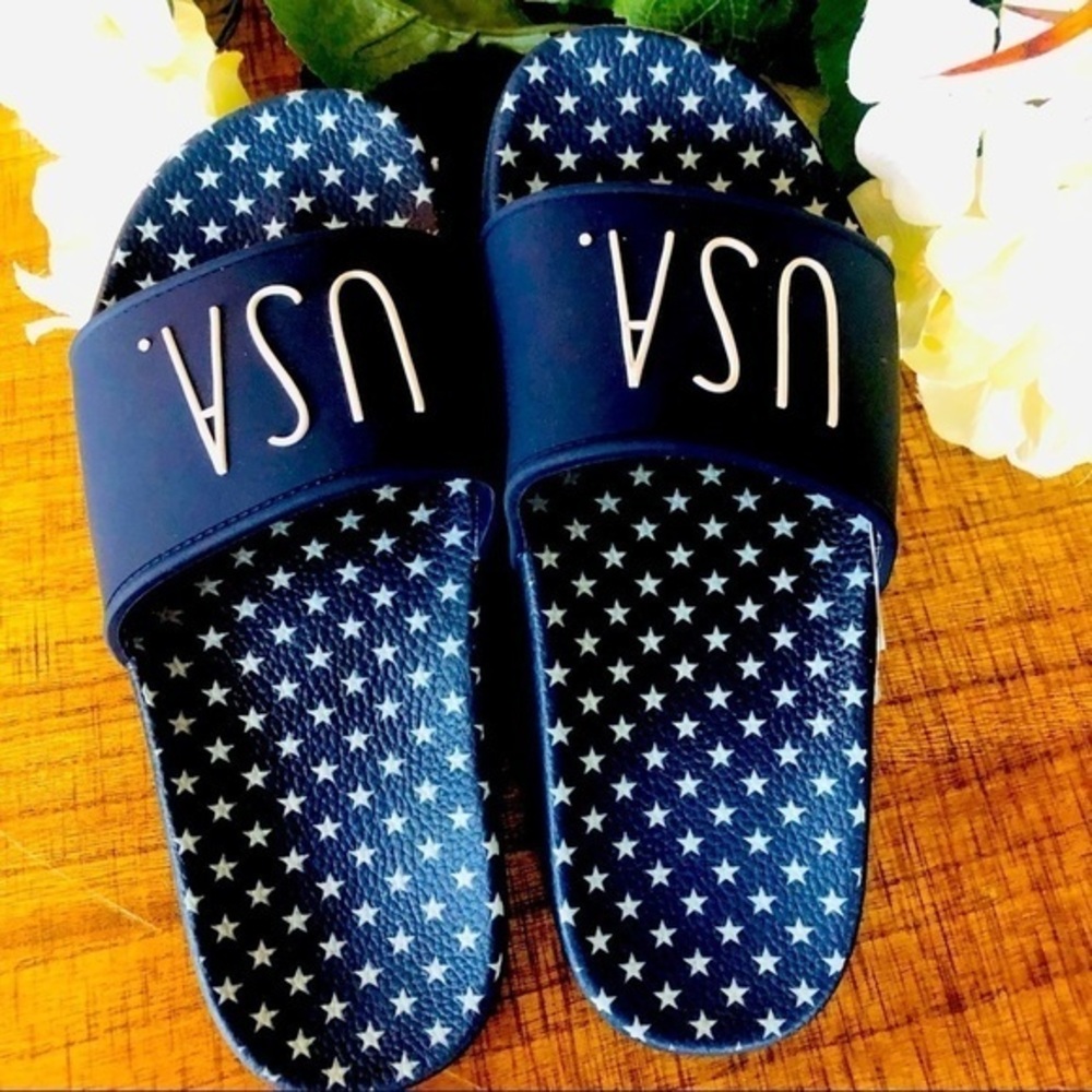 Rae Dunn USA Navy Star Slide Sandals Patriotic Size 7 NWT